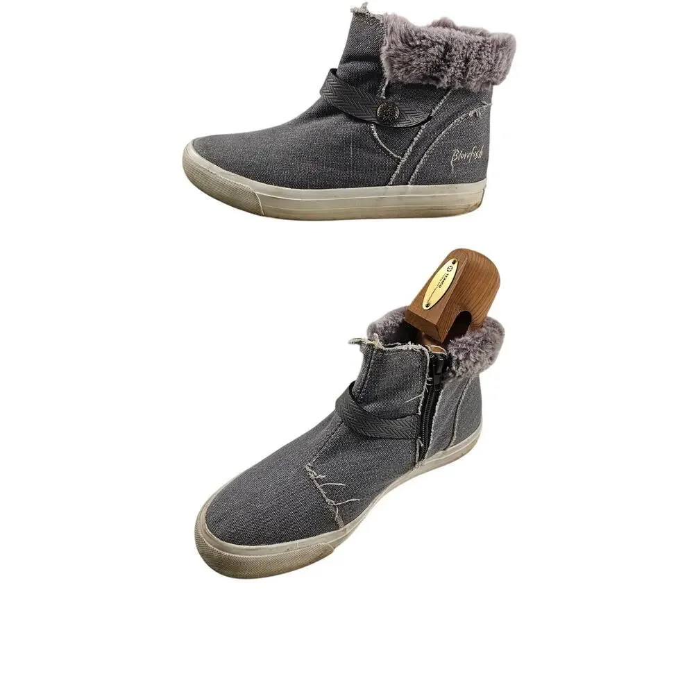 Blowfish Malibu Cotton Ankle Booties Faux Fur 8.5 grey slip on comfort shoe